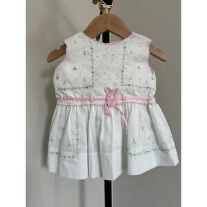 Vintage Handmade White Eyelet Floral Toddler Dress - Pink Ribbon